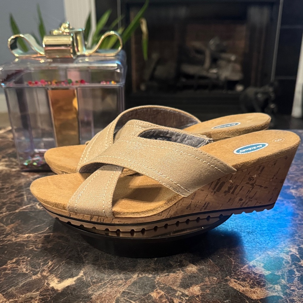 Dr. Scholl's Womens Gold Metallic Canvas Cork Wedge Sandal - Size 8